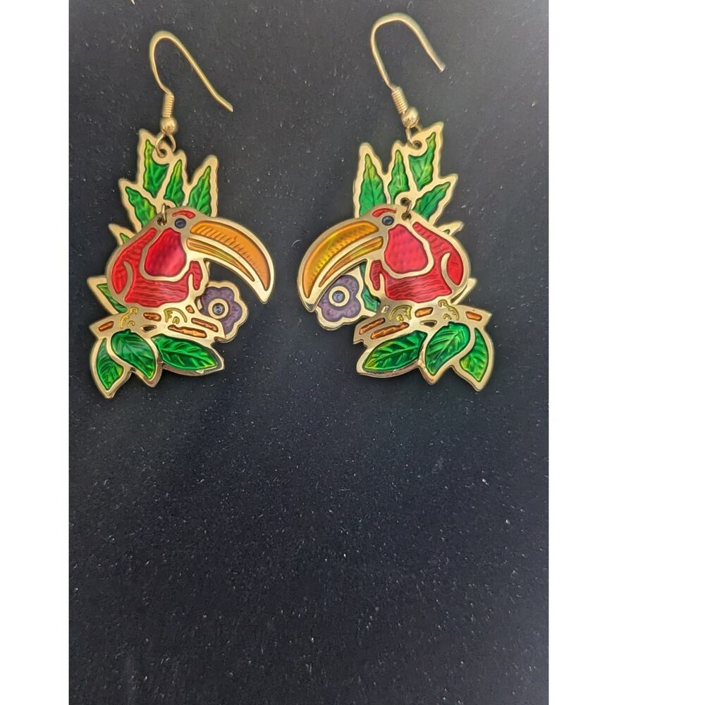 Vintage signed Edgar Berebi colorful Toucan bird floral Dangle enameled earrings